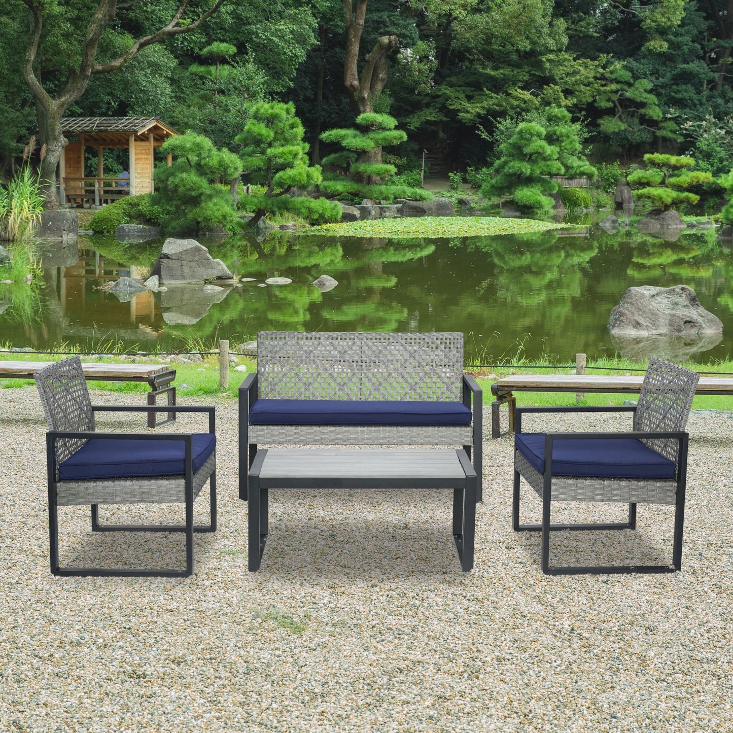 4-Piece Outdoor Patio Furniture Set with Acacia Wood Table & Cushions