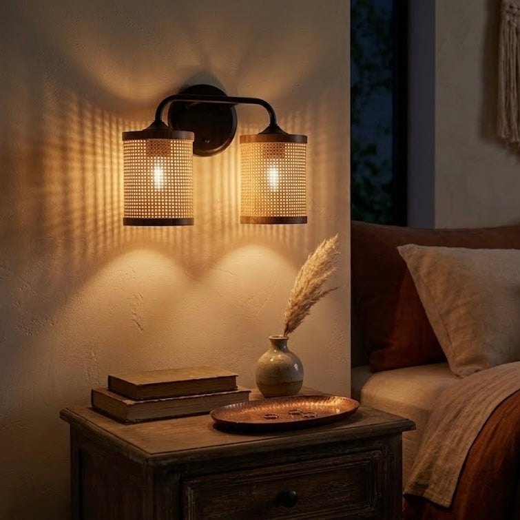 Quell Double Light Vanity With Natural Rattan Shade Wall Lamp