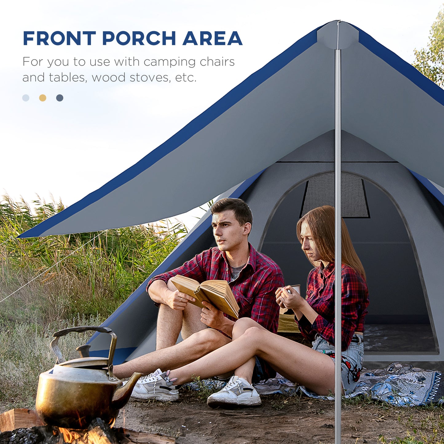 Waterproof 2-3 Person Camping Teepee Tent with Porch - Blue
