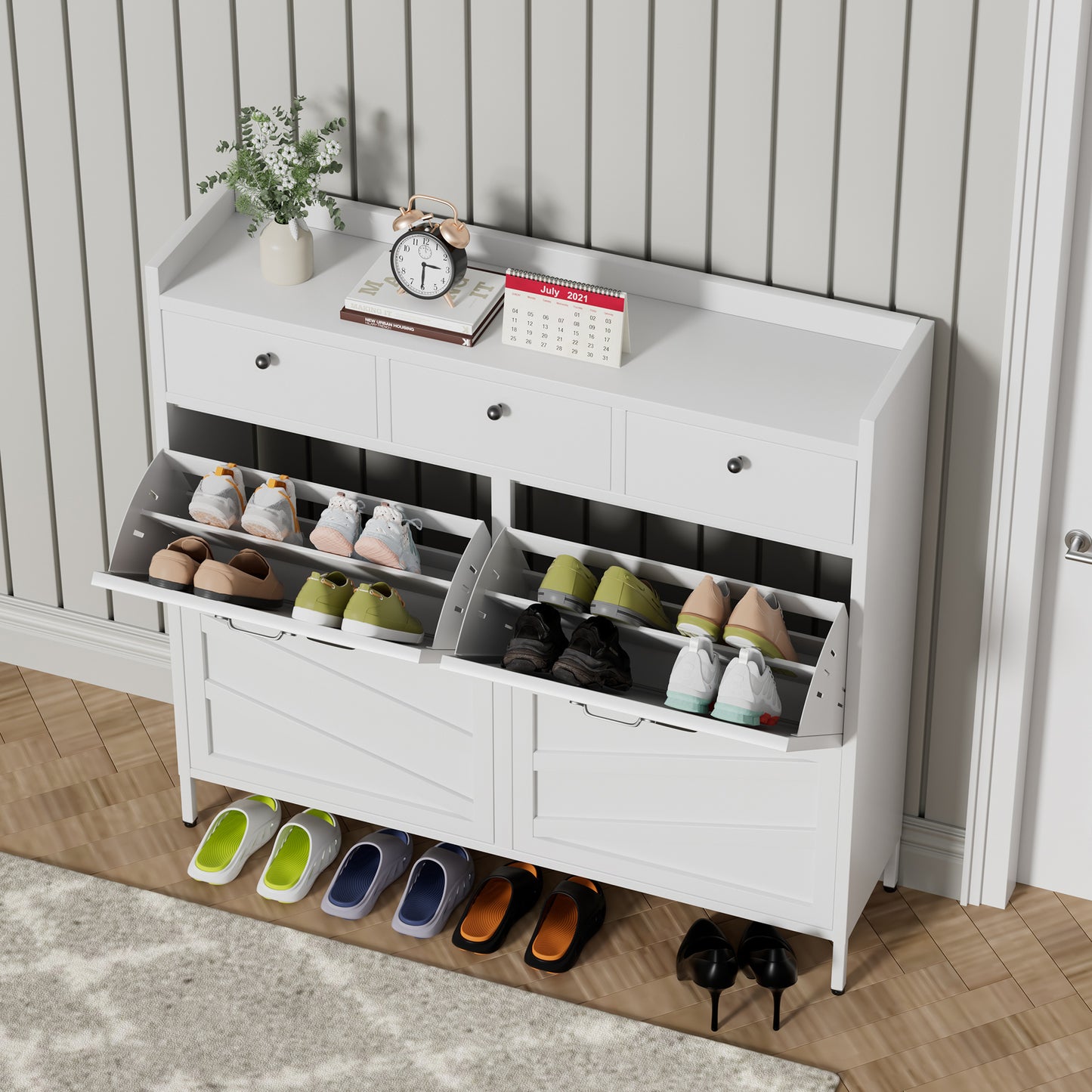 Metal Shoe Cabinet White - 4 Flip Drawers 3 Drawers, Slim 11.8 D