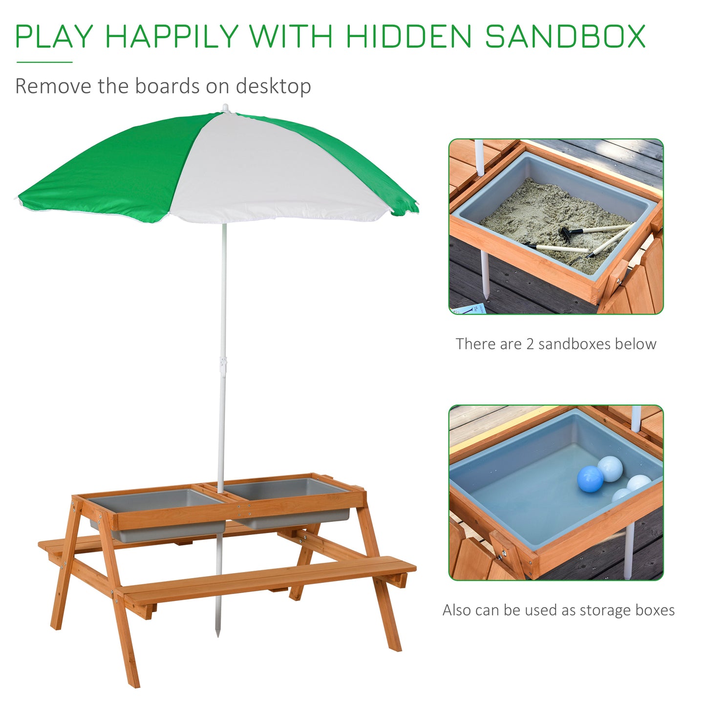 Kids 3-in-1 Wooden Sand and Water Table with Umbrella - Natural