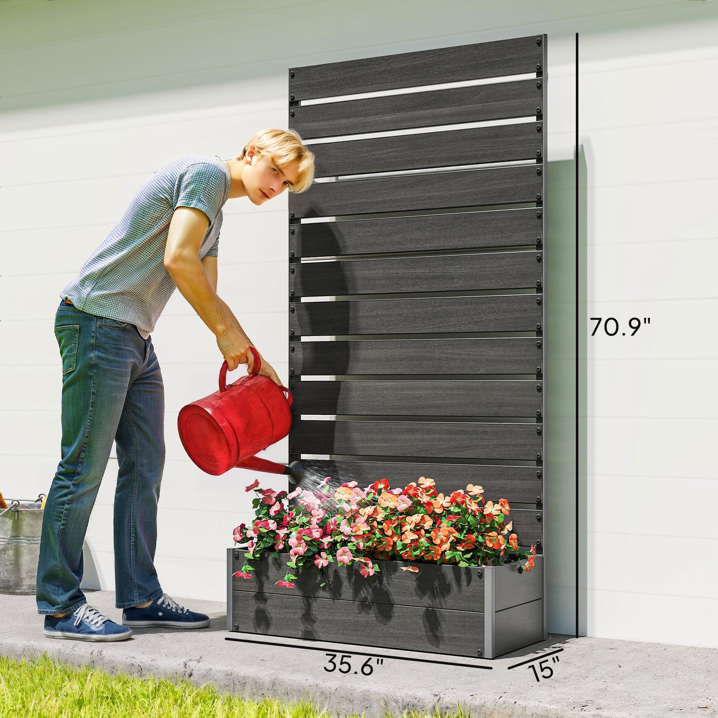 Raised Garden Bed with Trellis for Climbing Plants Outdoor Planter Box Black