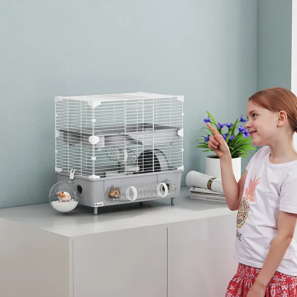 Hamster Cage with Sand Bathroom, Running Wheel & Accessories - Dual-Level Small Pet Habitat