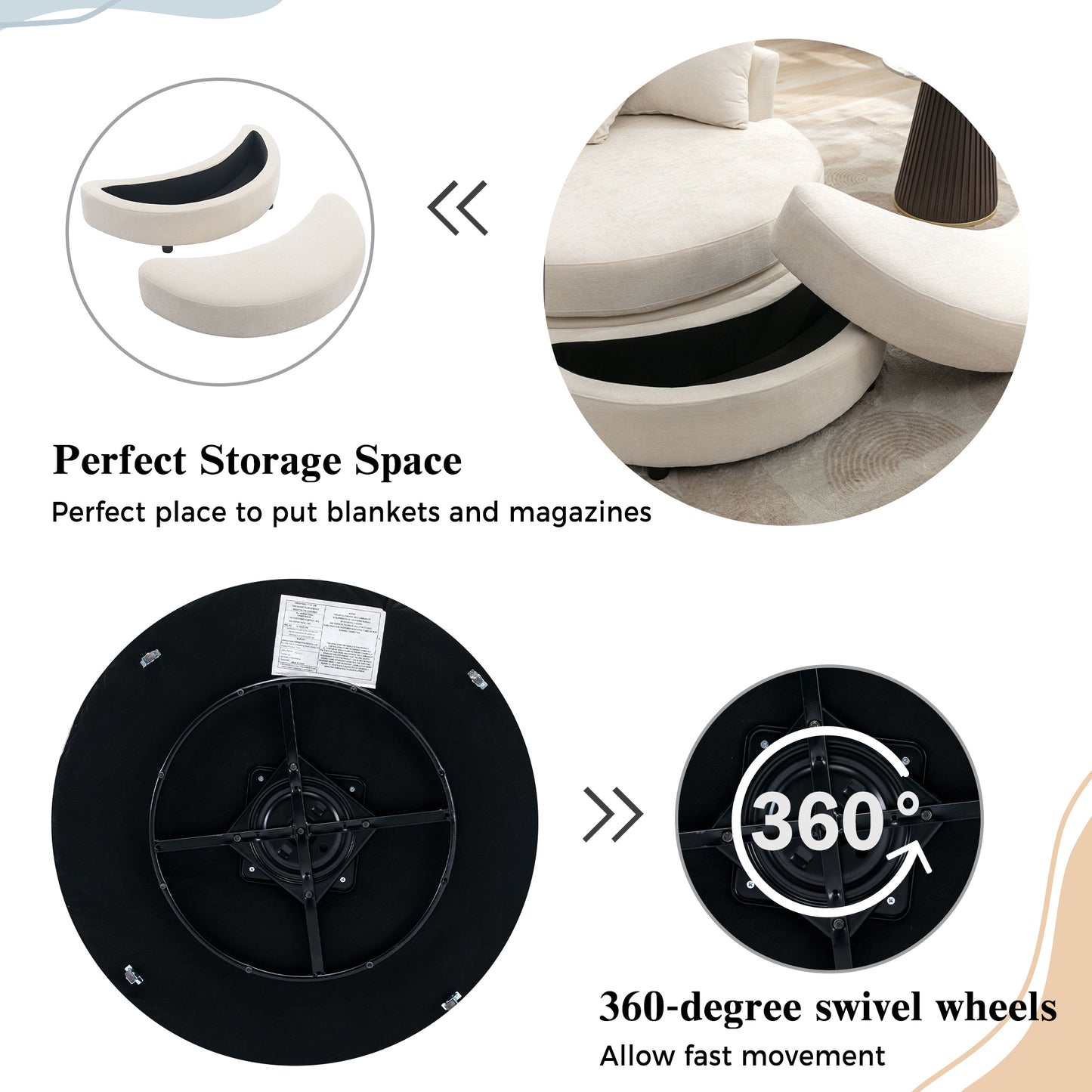 360° Swivel Accent Barrel Chair with Storage Ottoman & 4 Pillows - Cream