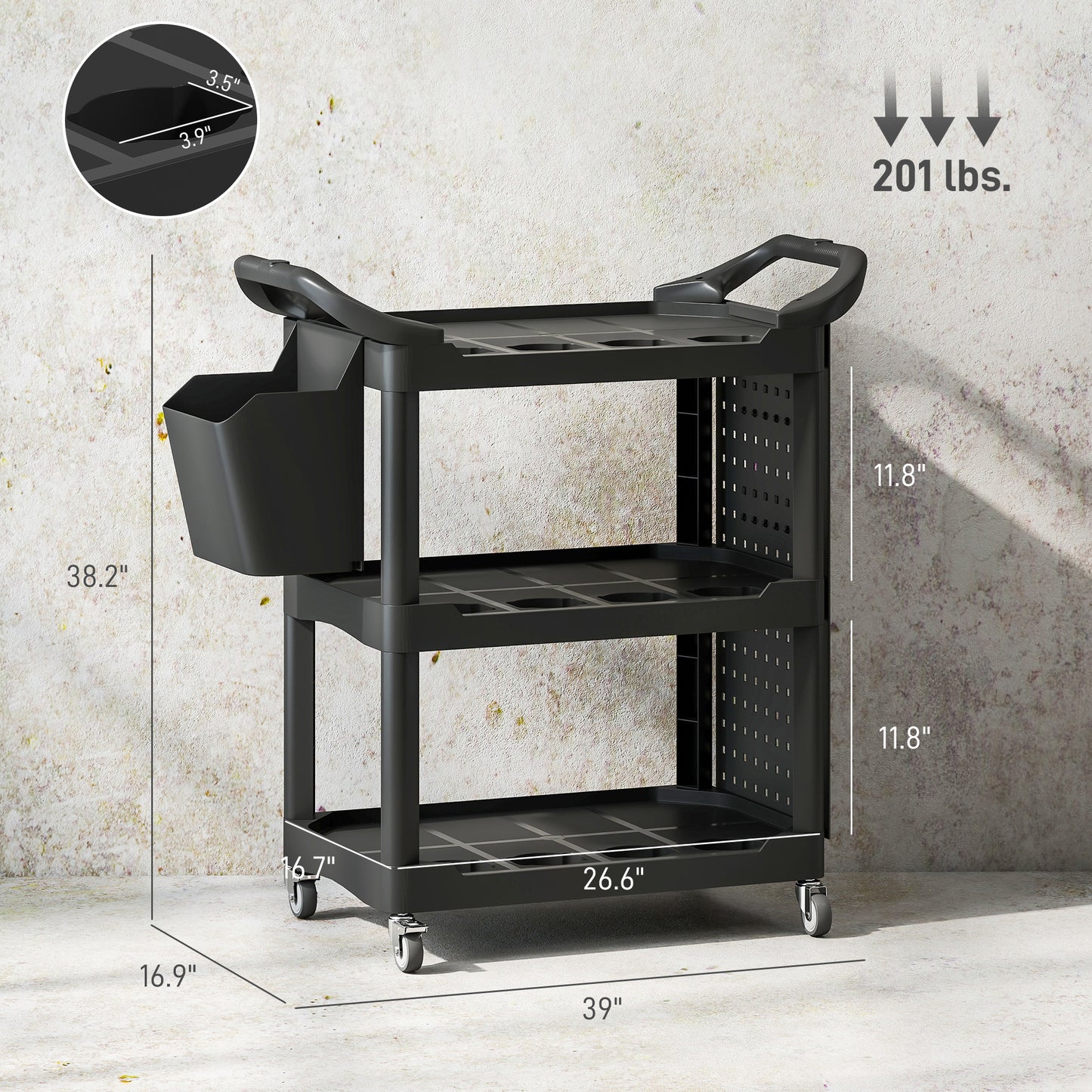 3-Tier Rolling Tool Cart with Side Shelf and Storage Bucket, Black