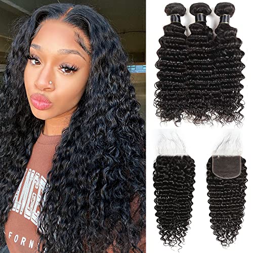 Deep Wave Bundles (12 14 16+10) 100% Unprocessed 3 Bundles Human Hair with 4x4 HD Lace Free Part Baby Hair Closure 10A Natural Color