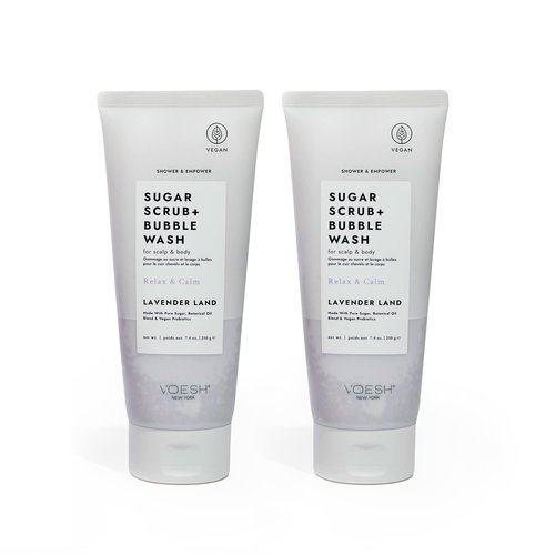 VOESH Sugar Scrub + Bubble Wash, Exfoliating Body Scrub & Body Wash, Lavender Land 2 Pack, Scalp Scrub, Scalp Care, Shower Sugar Scrub, Vegan Body Care