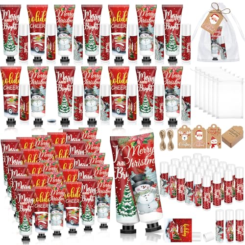 50 Sets 200 Pcs Christmas Hand Lotion and Lip Balm Sets Christmas Stocking Stuffers Holiday Treat Gifts Goodie Xmas Party Supplies for Women Men Lip Care with Organza Bags Tags (Vintage Style)