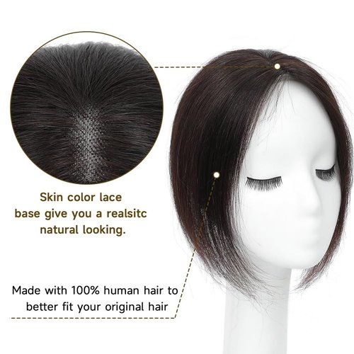 Uniferry Hair Toppers for Women Real Human Hair 12inch 13x14cm(5.1x5.5inch) Swiss Base 360°3D With Thinning Upgrade Middle Part Clip in Wispy Bnags (Natural Black,Side)
