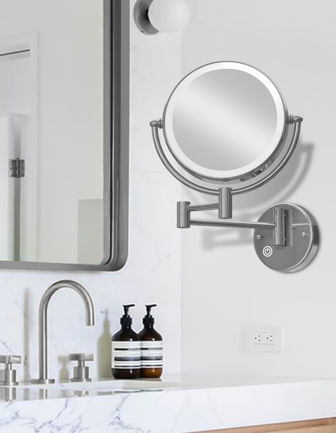 Lighted Makeup Mirror Wall Mount with Magnification 5X LED Double Sided Magnifying with Light, Touch Sensor Dimming, Extendable Swing Arm 360 Swivel Shaving Cosmetic Mirror for Bathroom, Chrome