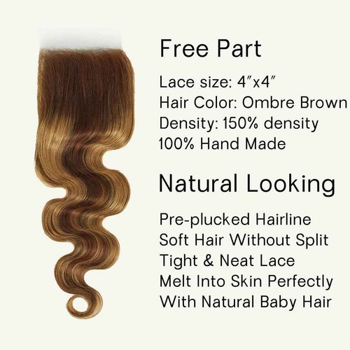 Vallbest Ombre Human Hair Bundles with Closure 14 16 18 +12 Inch Highlight Blonde Bundles Human Hair 4/27 Brown Body Wave with 4x4 Closure 12A Brazilian Virgin Remy Weave Raw Hair Extensions