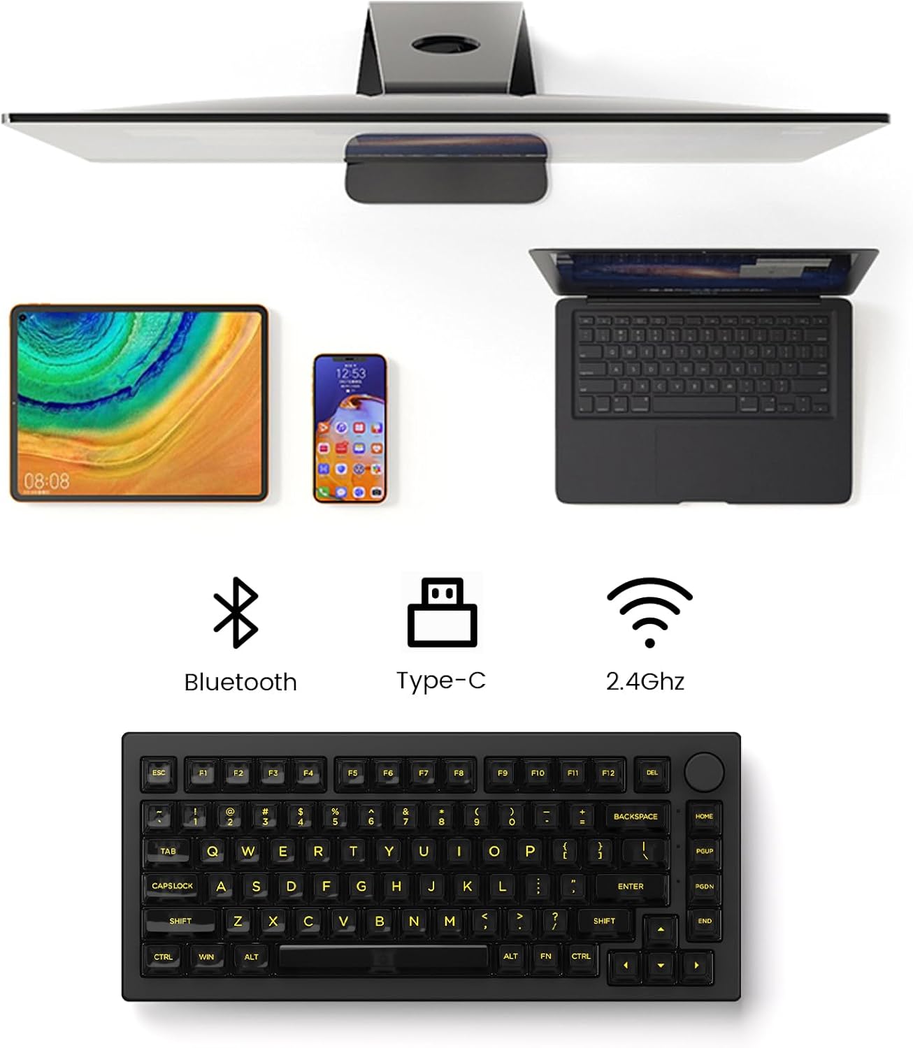 Akko 5075B Plus Mechanical Keyboard 75% Percent RGB Hot-swappable Creamy Keyboard with Knob, Black & Silver Theme with PBT Double Shot ASA Profile Keycaps V3 Creamy Yellow Pro Switch