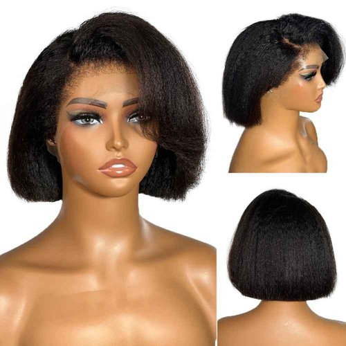 Msviki 4C Edges Baby Hair Kinky Straight Human Hair Wig Glueless Side Part Short Yaki Bob Wig Human Hair Thick End UHD 13x4 Lace Front Wig Pre-Bleached Natural Color Brazilian Virgin Hair 10"