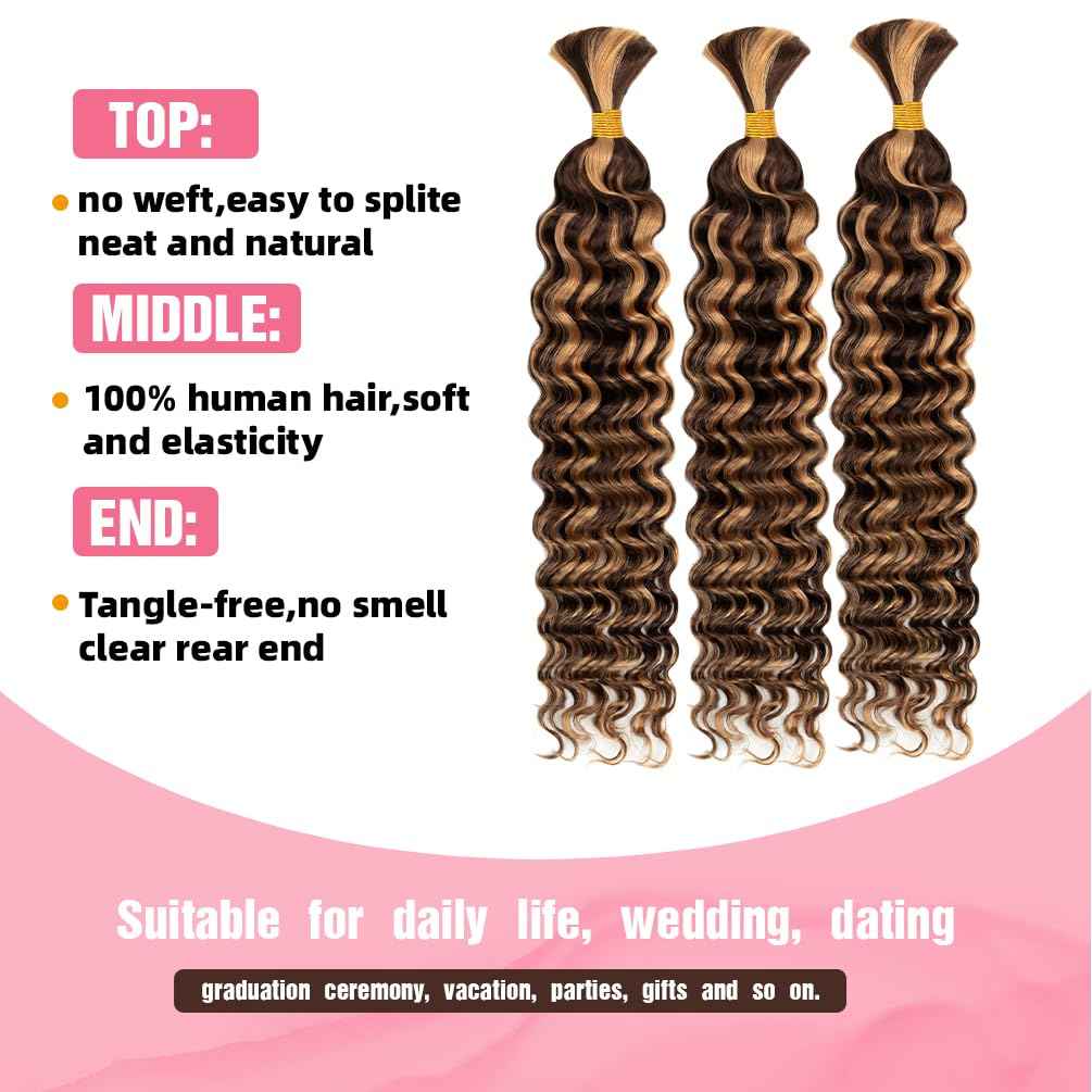 Human Braiding Hair, 3 Bundle 150g 20 Inch Boho Braids Human Hair 15A Deep Wave Bulk Brazilian Virgin No Weft Wavy Hair Extension for Boho Knotless Balayage Brown to Blonde