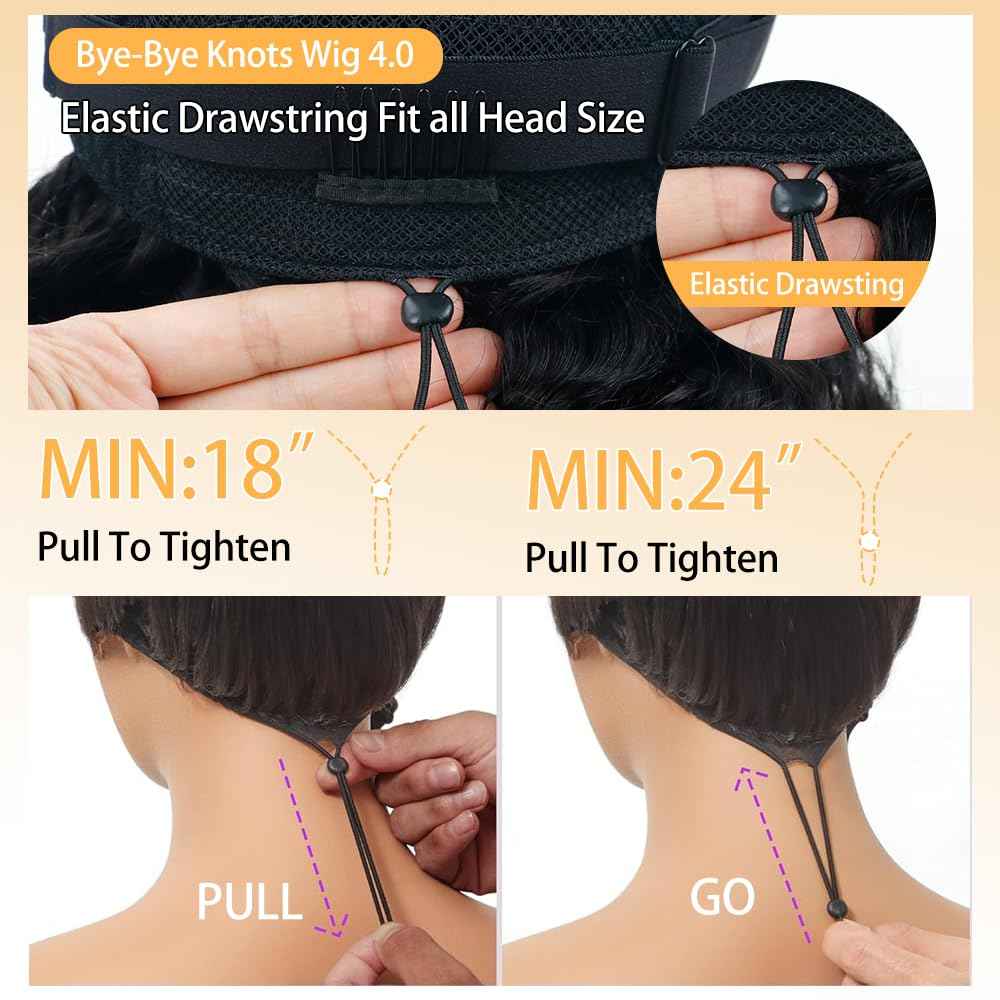 Goulus 7x6 Deep Wave Glueless Wigs Human Hair Pre Plucked Pre Cut 250% Density Drawstring Wig Human Hair Wear and Go Glueless Wigs for Black Women Natural Color #1B 16 Inch