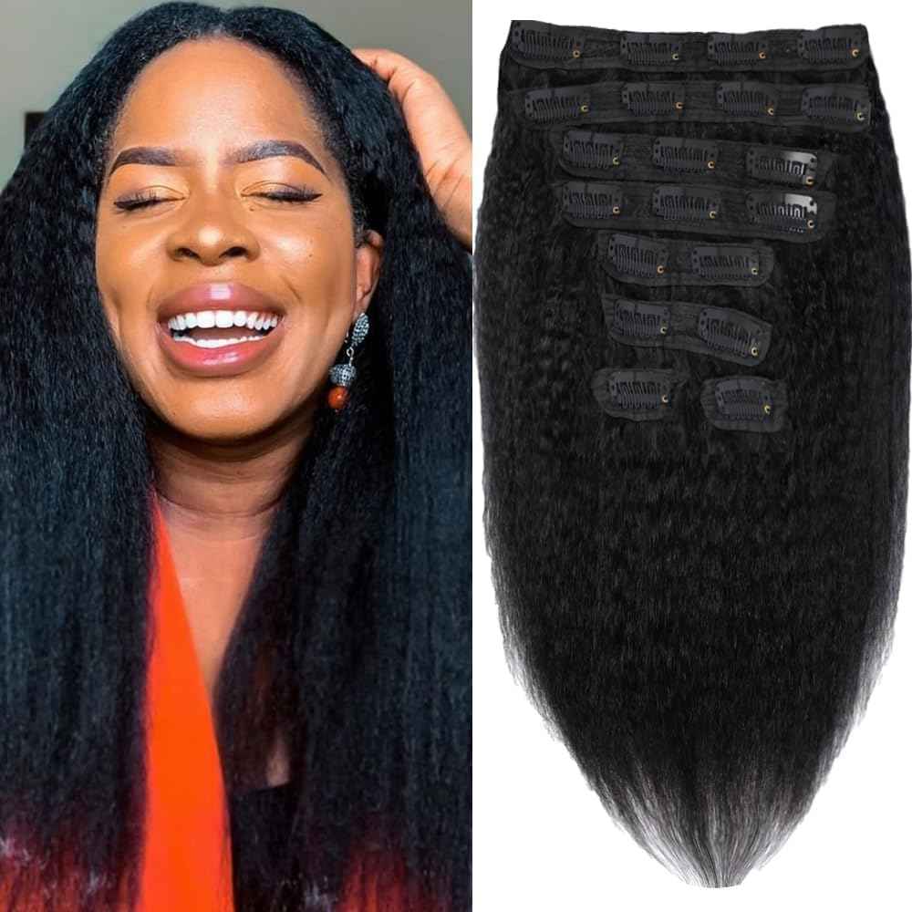 Kinky Straight Clip in Hair Extensions Human Hair for Black Women 8A Brazilian Yaki Real Hair Extensions Clip in Human Hair Full Head Natural Color 8pcs 20 Clips 110g/Set (16 inch)