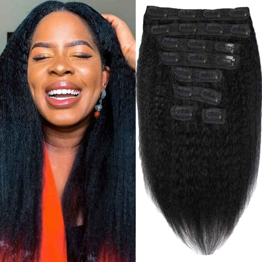 Kinky Straight Clip in Hair Extensions Human Hair for Black Women 8A Brazilian Yaki Real Hair Extensions Clip in Human Hair Full Head Natural Color 8pcs 20 Clips 110g/Set (16 inch)