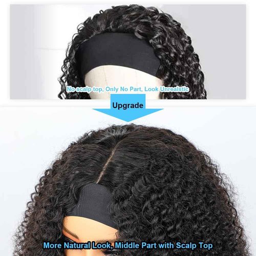 BLY Afro Curly Headband Wig Human Hair Half Wig for Women Glueless Kinky Curly 3 In 1 Wig 10A Grade 180% Density Natural Black Middle Part Headband Wigs 22 Inch