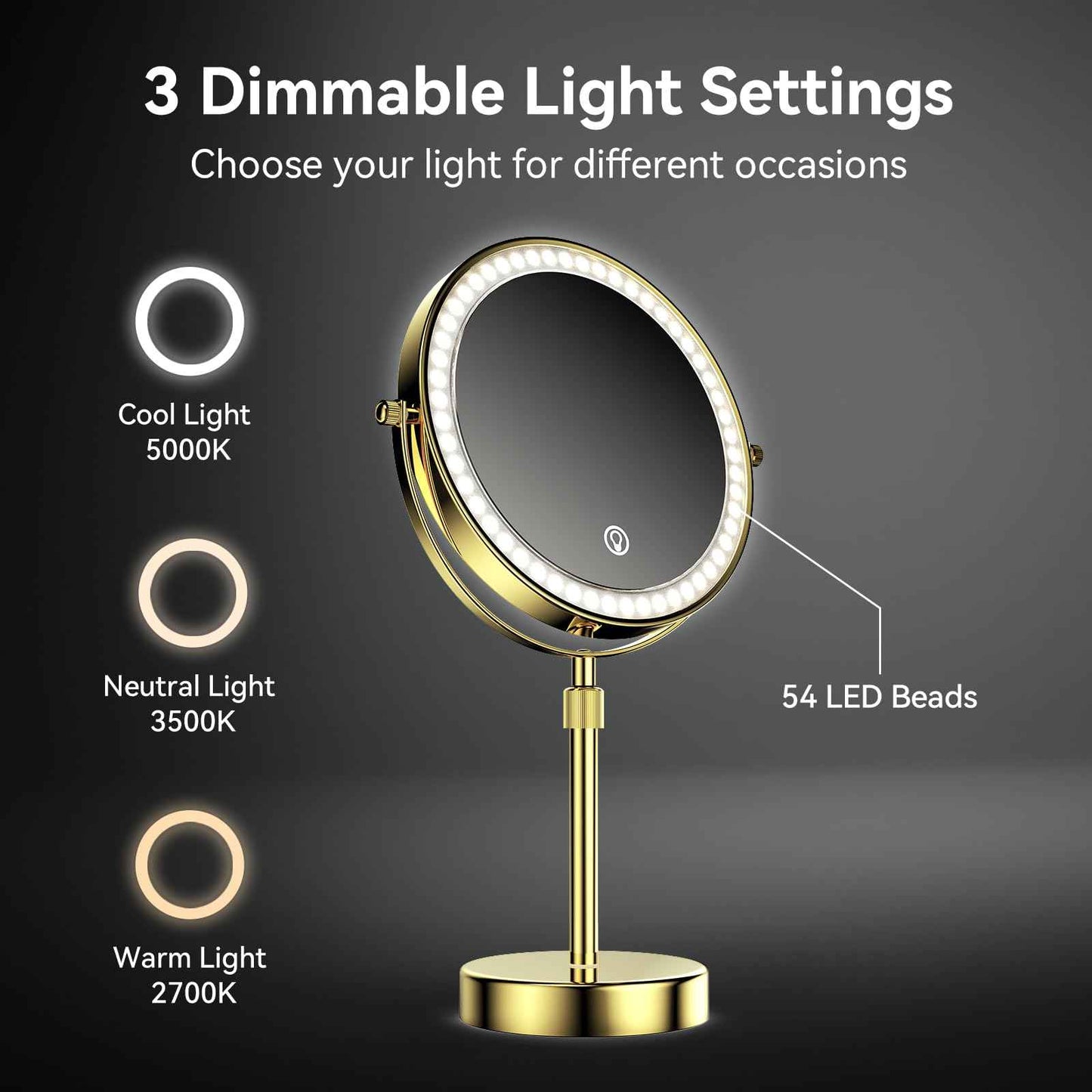 Nicesail 8” Rechargeable LED Magnifying Makeup Mirror with 3 Color Lights and 10X Magnification, Height Adjustable Stand up Lighted Magnifying Mirror, Double Sided 360°Rotation, Shiny Gold Finish