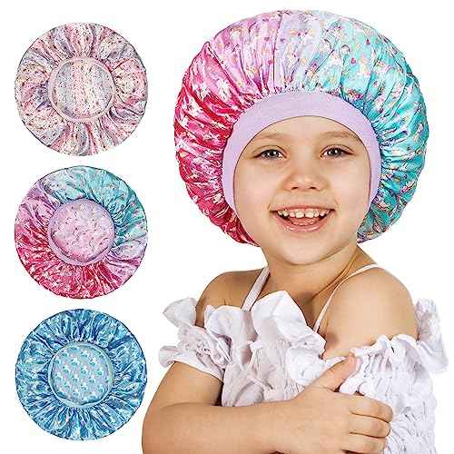 3 Pcs Bonnet for Kids, Kids Bonnets for Girls, Satin Silk Hair Bonnet for Sleeping, Soft Wide Band Sleep Cap for Curly Hair Braids for Teens Child Toddler