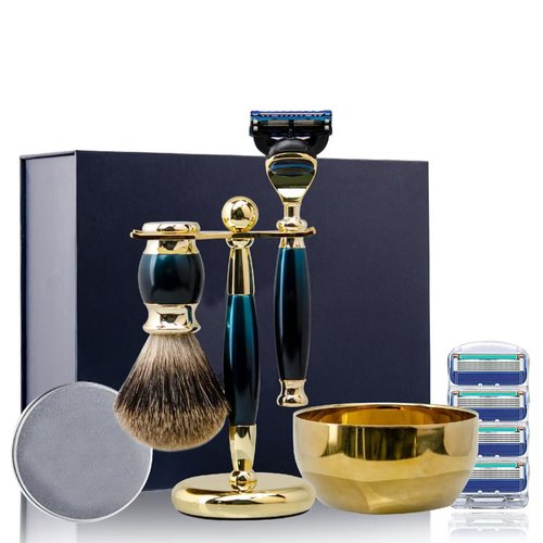Danweix Premium Shaving Kit for Men - Luxury Complete Grooming Set, Safety Razor, Badger Hair Brush, Stand, Soap, Bowl, Replacement Heads