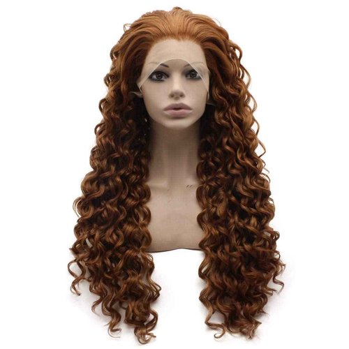 MX angel Long Curly Dark Auburn Curly Lace Front Synthetic Wig