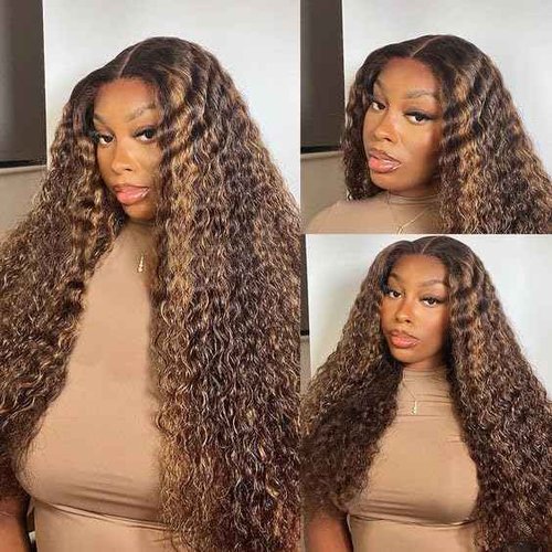 UFHUFH 20 inch Highlight Ombre Lace Front Wig Human Hair 200 Density Honey Blonde Wig Human Hair 13x4 HD 4/27 Deep Wave Lace Frontal Wigs Pre Plucked with Baby Hair