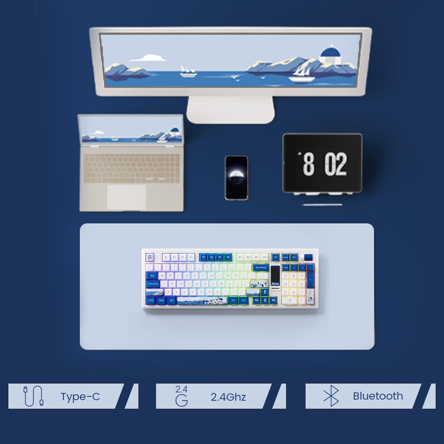 Akko 5098B Wireless Gaming Keyboard with Screen, Santorini Hot-Swappable Mechanical Keyboard with Scroll Wheel, Numberpad, RGB Gasket, Piano Pre Lubed Switch