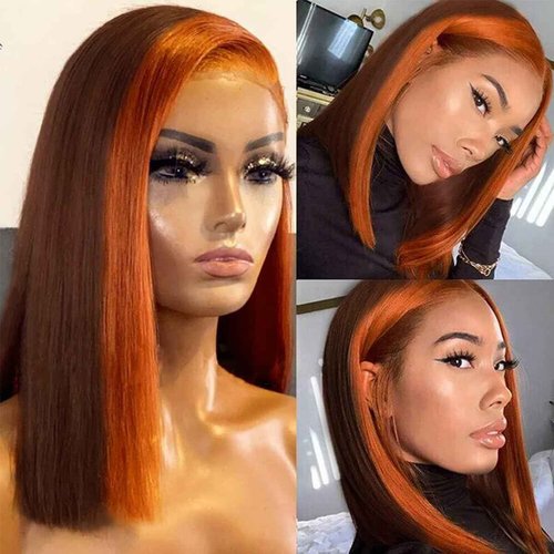 Goldfinch Ginger Orange Highlight Skunk Stripe Short Bob Wigs Human Hair Ombre 13x4 HD Chocolate Brown Straight Lace Frontal Bob Wigs Brazilian Virgin Wig 150% Density Pre Plucked 14 Inch