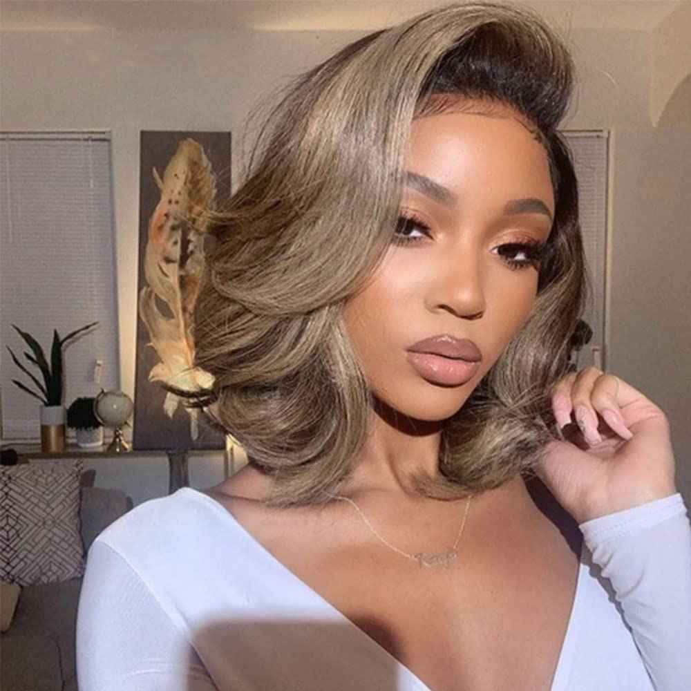1b/Ash Blonde Lace Front Wig Human Hair Pre Plucked Hairline 180% Density Short Bob Human Hair Wigs For Women 13x4 Lace Front Wig Colored 1b Grey Human Hair Wigs (12inches)
