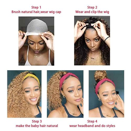 P4/27 Deep Wave Headband Wig Brown And Honey Blonde Human Hair Headband Wig 130% Density Grade 8A Brazilian Remy Hair Machine Made Wigs 18 Inch