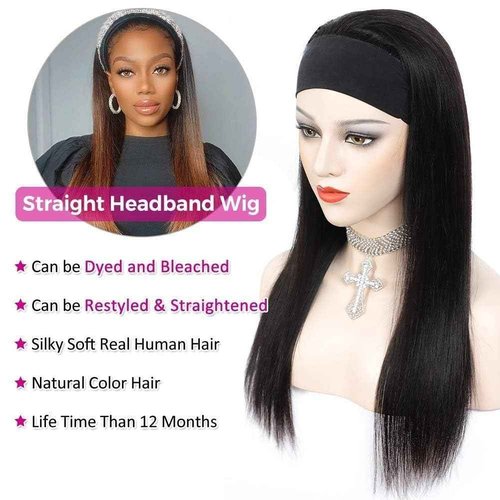 Headband Wig Human Hair Straight 18 Inch Headband Wigs for Black Women Glueless None Lace Front Human Hair Wigs Brazilian Virgin Hair Headband Wigs Natural Color+ 4/27 Highlight Color Two Headband Wig
