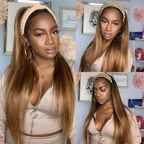 Headband Wig Human Hair Straight 18 Inch Headband Wigs for Black Women Glueless None Lace Front Human Hair Wigs Brazilian Virgin Hair Headband Wigs Natural Color+ 4/27 Highlight Color Two Headband Wig
