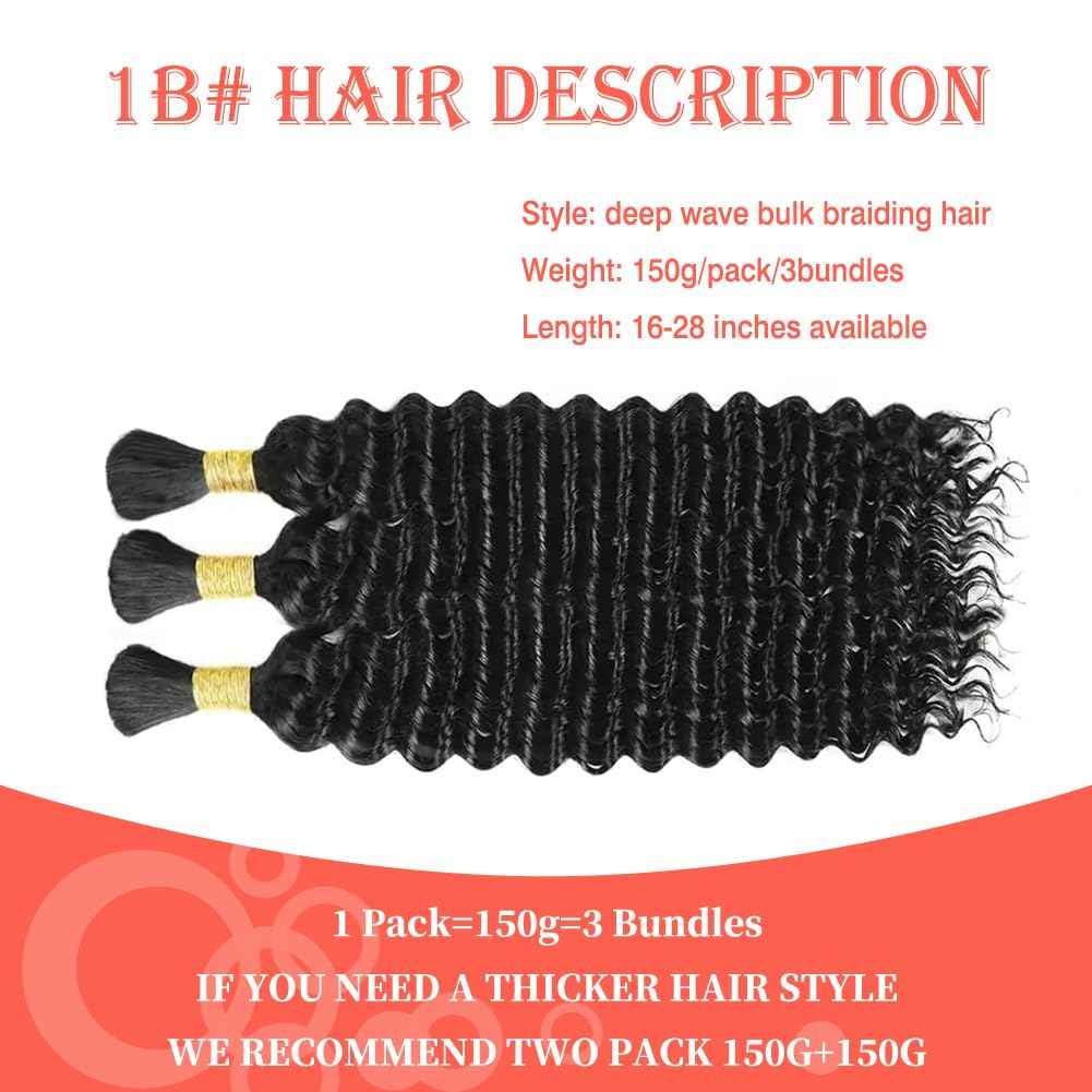 Human Braiding Hair for Boho Braids 150g Boho Braiding Hair Curly 3 Bundles 24 Inch Deep Wave Bulk Human Hair for Boho Knotless Braids Natural Color