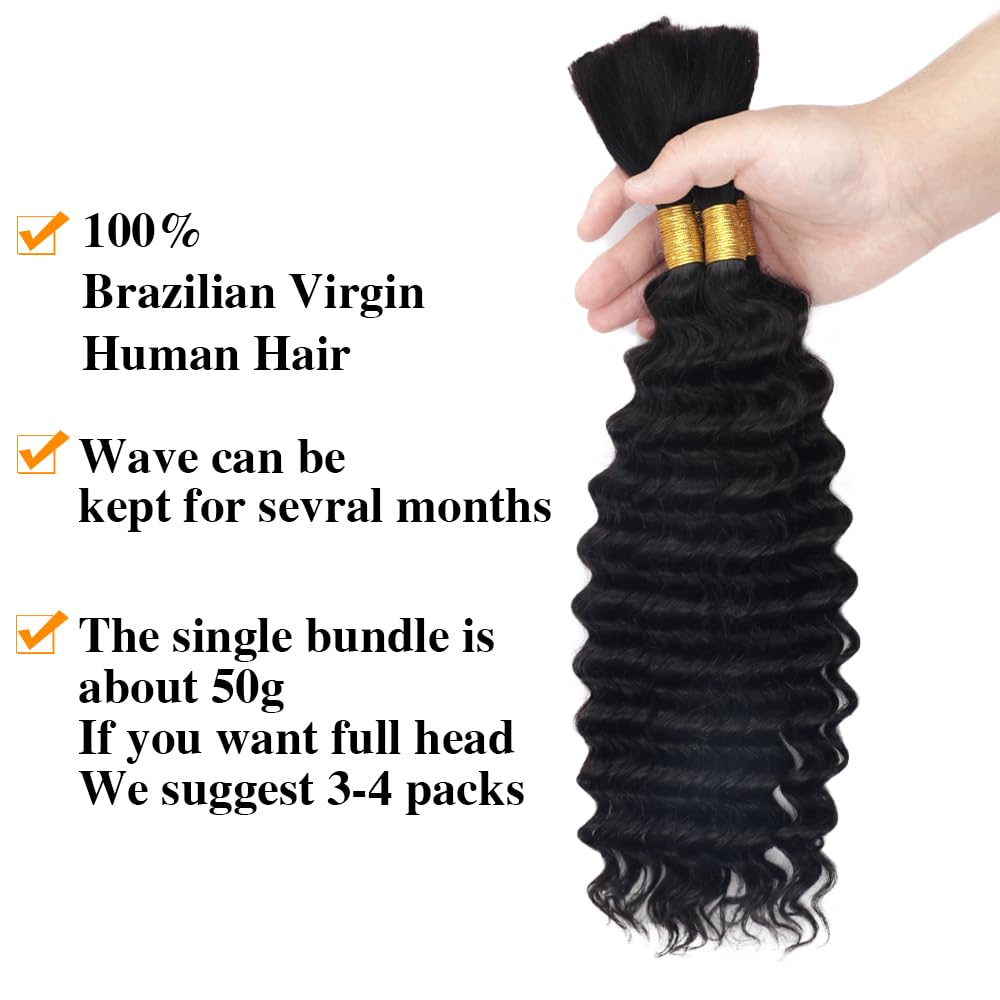 Goulus Deep Wave Bulk Human Hair For Braiding 100% Unprocessed Brazilian Virgin Human Hair Extensions Two Bundles Micro Braiding Human Hair 100g No Weft(28inch, Natural Black)