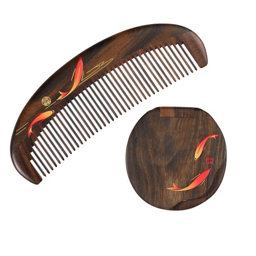 Tan Mujiang Premium Wooden Comb, Anti-Static, Natural Wood, Happy Bloom Set 1