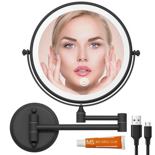 LEDOOLE Brass Wall Mounted Magnifying Mirror with Light 1X/10X, Rechargeable Arm Touch Dimmable 360 Rotation Foldable Bathroom Light up Wall Mirror Extendable, Matte Black