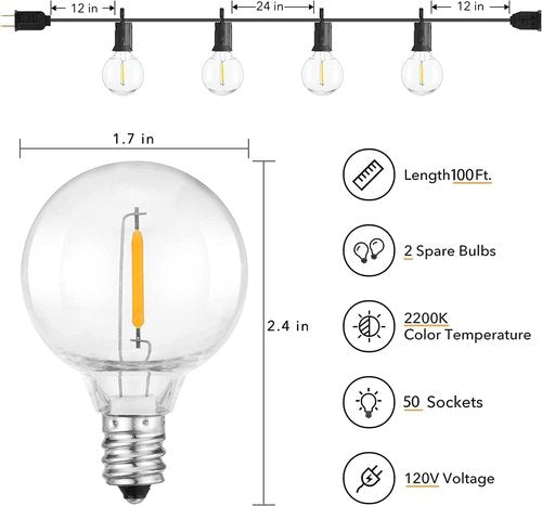 Brightown Outdoor String Lights - 100 FT Patio Lights with 50 LED G40 Globe Plastic Bulbs, All Weatherproof Connectable Commercial Hanging Light for Outside Backyard Porch Cafe