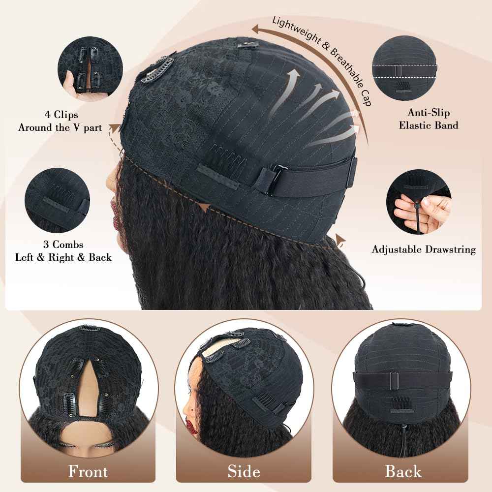 Goulus Kinky Straight V Part Wig Human Hair 14 Inch V Part Wig For Women with Drawstring 180% Density Upgrade Glueless U Part Wig No Leave Out No Sew In Kinky Straight Human Hair Wigs Natural Black