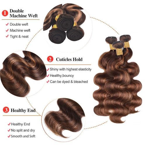 Dokksiiia Brown Ombre Bundles Human Hair P4/30 Dark/Light Brown 2-Tone Blend Highlight Body Wave Bundles Unprocessed Brazilian Virgin Hair Extensions 16 18 20 Inch for Fair to Tan Skin
