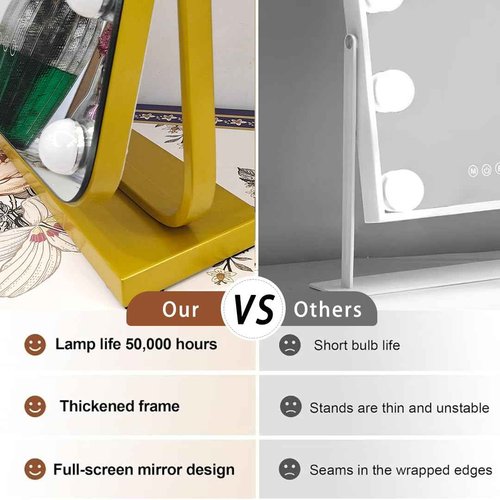 Rtajdos Hollywood-Style Vanity Mirror Makeup Mirrors with Lights, 13" x 17.3", 13 Dimmable Bulbs, 3 Color Modes, 360° Rotation, Touch Control & Memory Function, 10X Magnifier (Painted Gold)