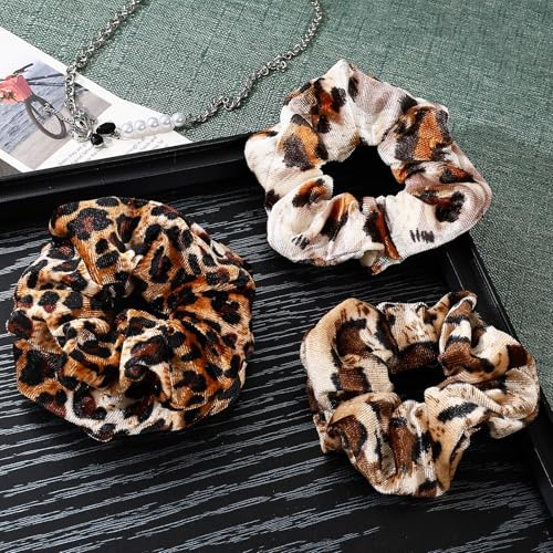 16-Piece Velvet Scrunchies for Women & Girls, No Damage Elastic Big Hair Ties Cute Soft Ponytail Holders Hair Bands for Thin Thick Hair Accessories (Leopard Print-C)