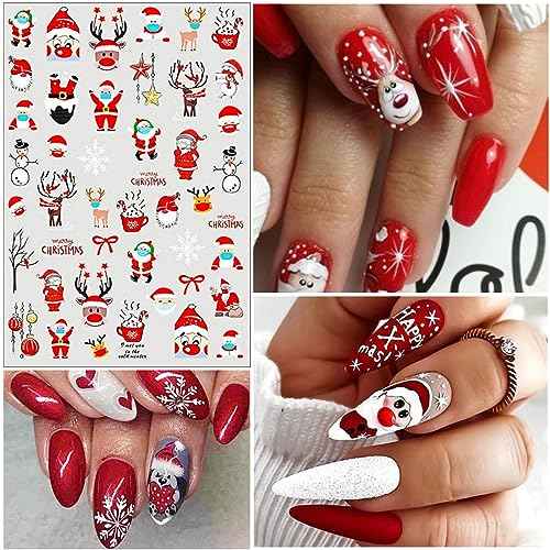 10 Sheets Christmas Nail Art Stickers, 3D Snowflake Nail Decals Cute Cartoon Elk Santa Claus Snowman Penguin Deer Snow Nail Design Xmas Winter Nail Stickers for New Year Holiday Manicure Decoration
