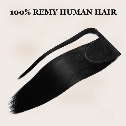 JIAMEISI Ponytail Extension Human Hair Wrap Around Clip in Hair Piece Straight Ponytail For Black Women with Magic Paste 90G(20 inch, Black #1)