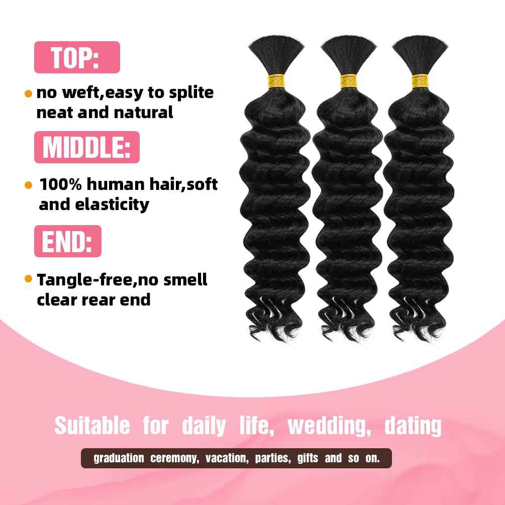 Human Braiding Hair, 3 Bundle 150g 14 Inch Boho Braids Human Hair 10A Deep Wave Bulk Brazilian Virgin No Weft Wavy Hair Extensions for Boho Bohemian Micro Braid Bulk for Braiding Natural Black