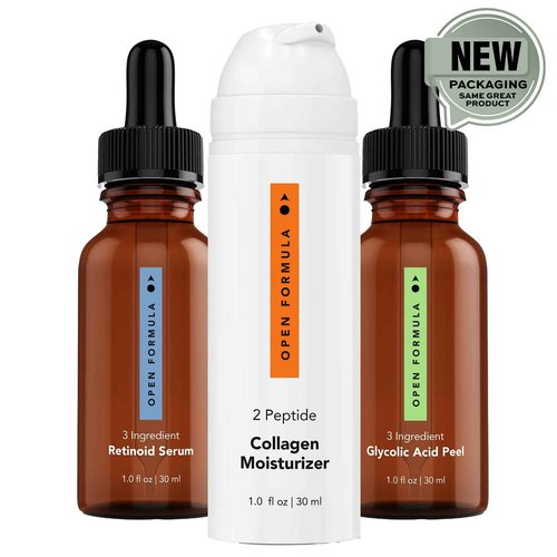 Open Formula Anti-aging Super Set. Glycolic Acid Peel + Retinoid Serum + Collagen Peptide Moisturizer. For Dark Spots & Melasma, Lines & Wrinkles, Loose & Sagging Skin. 3 Products, 3 Minutes To Apply