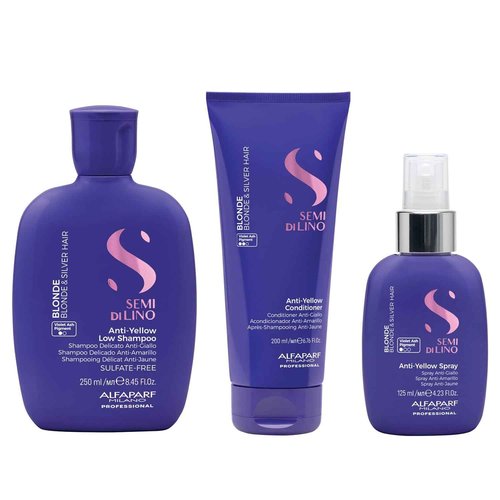 Alfaparf Milano Semi di Lino Anti-Yellow Gift Set for Blonde, Platinum and Silver Hair - Sulfate Free Shampoo, Conditioner and Spray - Removes Yellow and Brassy Tones - Corrects Brassiness