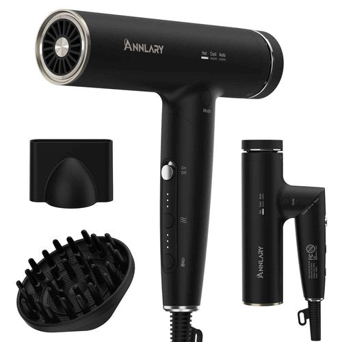 ANNLARY Plasma Ion Hair Dryer with Diffuser for Curly Hair, 110000 RPM Professional High Speed Blow Dryer with Plasma Ion, 1500W Foldable Travel Hairdryer with 6.5 Ft Cord Fast Drying for Women Men