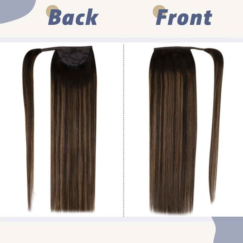 LaaVoo Human Hair Ponytail Extensions Brown Ombre Ponytail Hair Extensions Human Hair Balayage Brown 18 Inch 80g