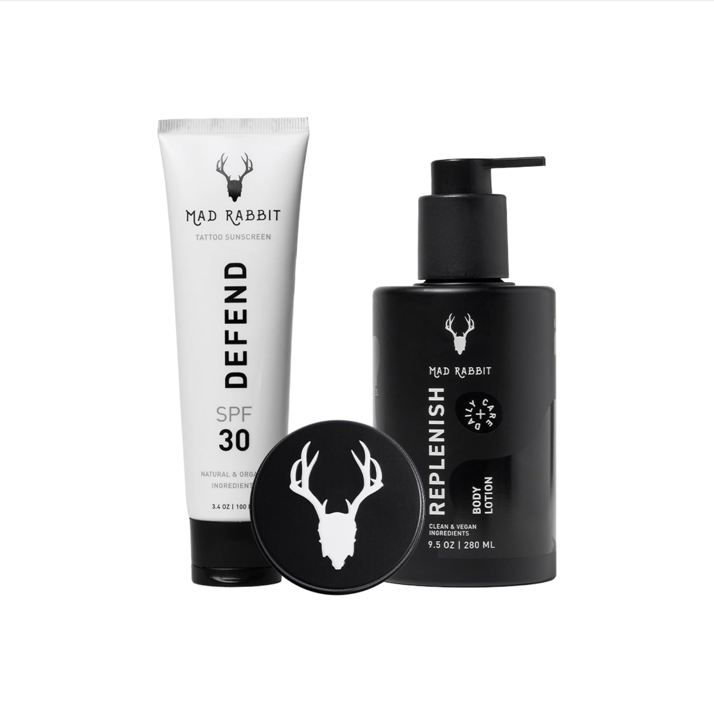 Mad Rabbit Tattoo Care Favorites Kit (3 Piece) - Enhance Balm, Replenish Daily Body Lotion & Defend Mineral Sunscreen SPF 30 - All Skin Types/Full Coverage Tattoo Care Kit